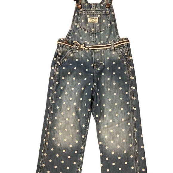 Oshkosh Polka Dot Overalls 3T Blue Denim Bibbed White Circles Tie Belt Vestbak - Picture 2 of 15